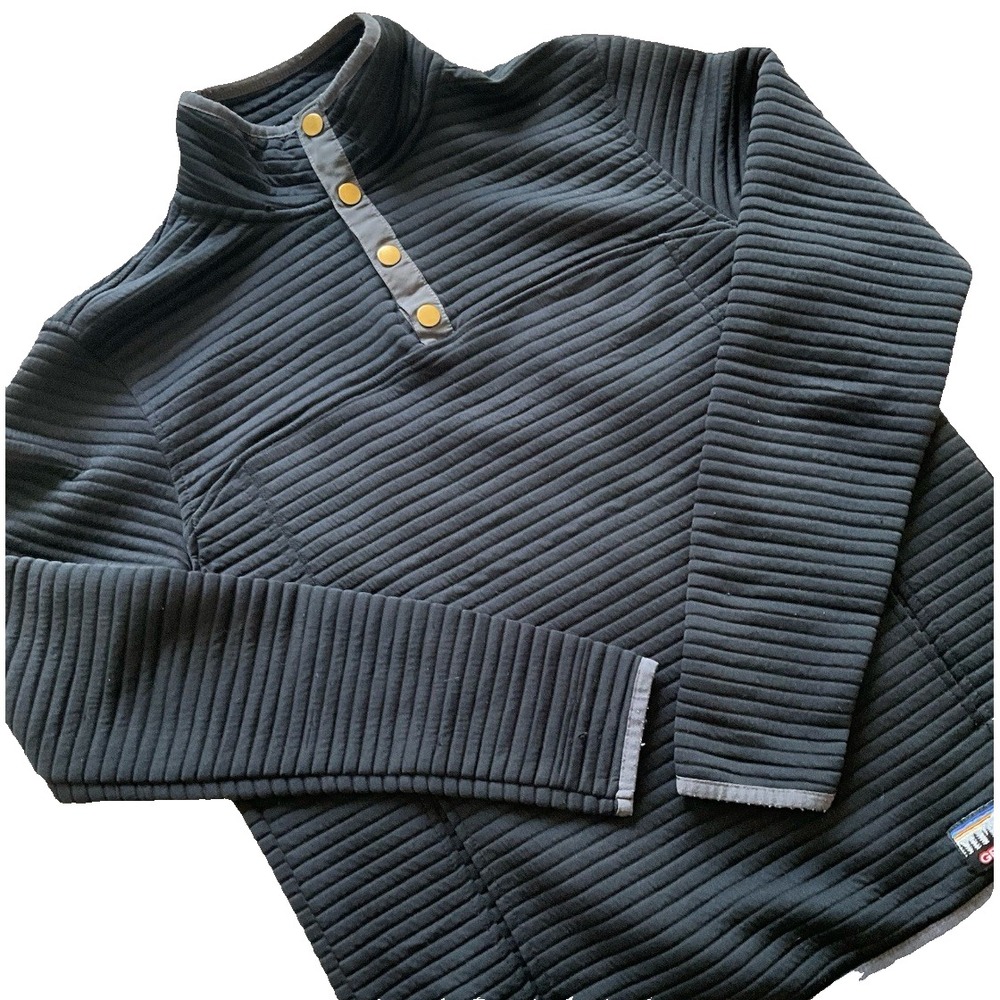 Gerry Ribbed Pullover Sweatshirt Quarter Button Up Mock Neck Black